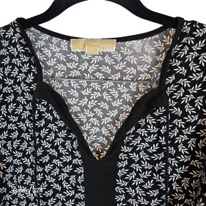 MICHAEL KORS Women Black White Leaf Print V Neck Cap‎ Sleeve Midi Dress XS